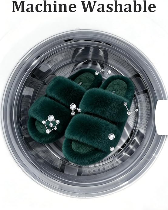 FamilyFairy Women's Fluffy Faux Fur Slippers Comfy Open Toe Two Band Slides with Fleece Lining and Rubber Sole