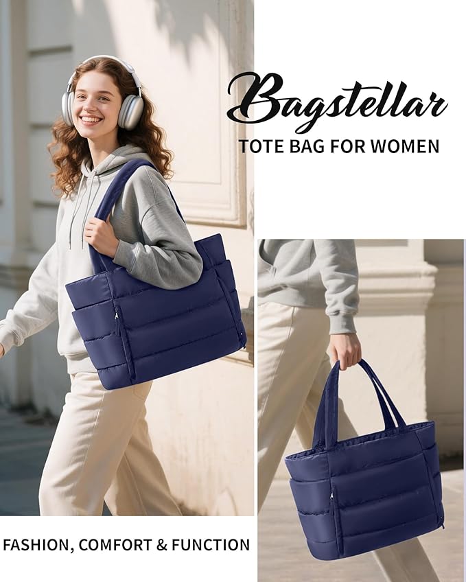Bagstellar Puffer Tote Bag for Women, Lightweight Puffy Work Handbag Teacher Nurse Quilted Shoulder Bag for School Travel Gym | Cloud Bag w/ Zipper