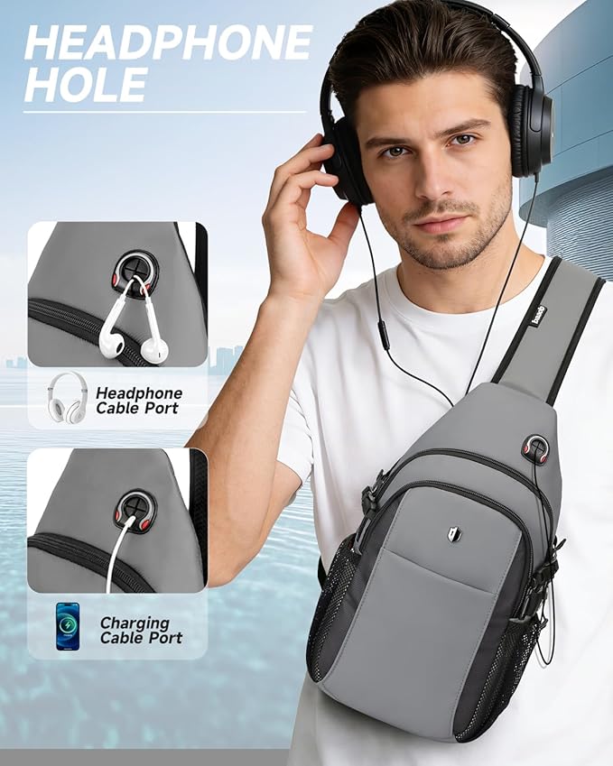 Expandable Sling Bag for Men, Anti-Theft Chest Pack with Water Bottle Pocket & Earphone Port, Crossbody Backpack for Hiking, Travel & Outdoor, Fits Switch 2, 11 Inch iPad, Grey | Mens Crossbody Bag