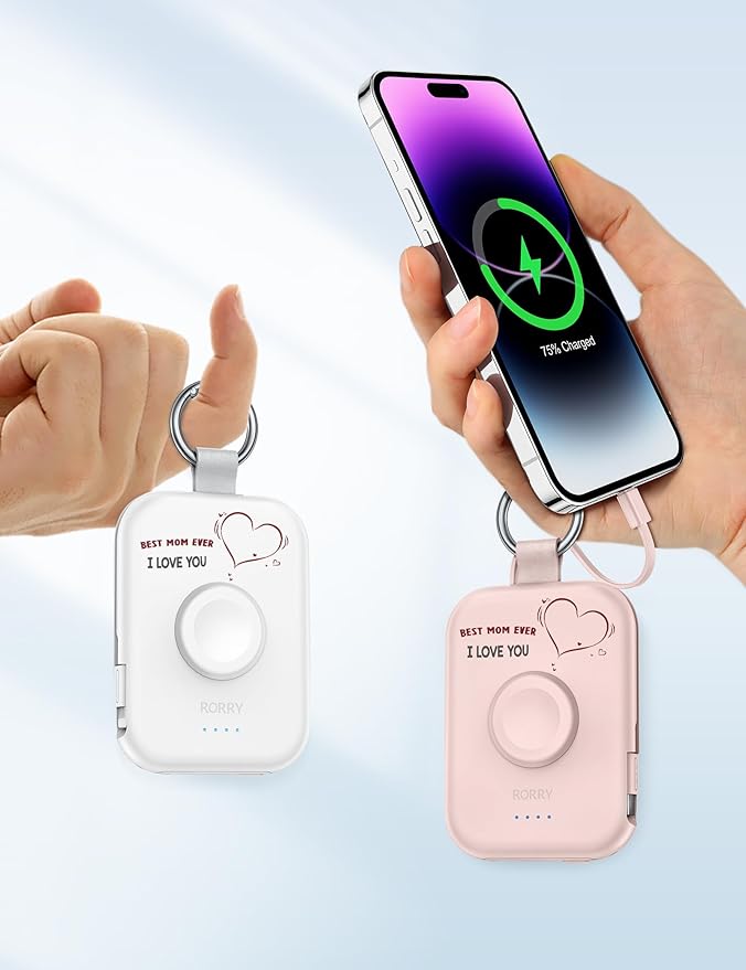 RORRY CharmGo Portable Charger, 5000mAh Portable Charger Power Bank with Built-in Cables, Travel Keychain Battery Pack for Apple Watch and iPhone Air/17/16/15/14/13/12, Mom-Pink