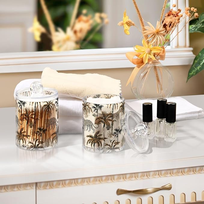 2 Pack Qtip Holder Organizer Dispenser Leopard Palm Trees Bathroom Storage Canister Cotton Ball Holder Container for Cotton Pads/Swabs/Floss