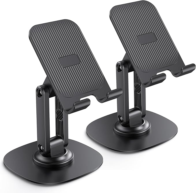 OMOTON Cell Phone Stand for Desk, 2 Pack Adjustable Foldable Phone Holder, 360 Swivel Mobile Stand Fit for iPhone 17 16 15 14 13 Pro Max and All Smart Phones, Black & Black