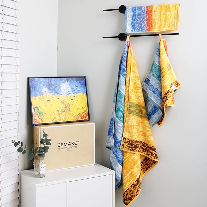 SEMAXE Bath Towel Set, 8 Piece Towel Set for Bathroom, Quick Dry Cotton Towels with Hanging Loops, Easy Care, Colorful Striped