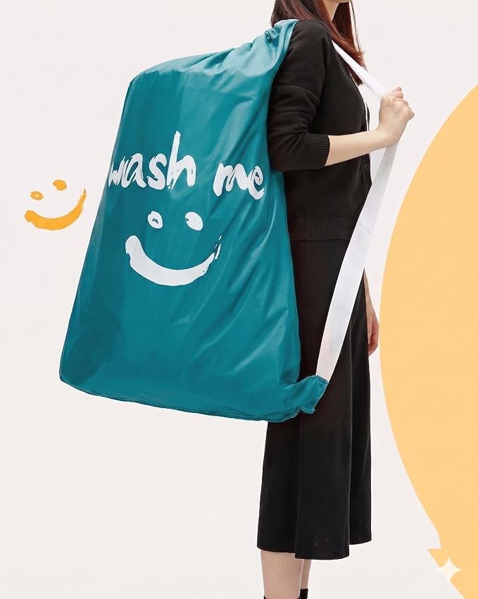 HOMEST 2 Pack XL Wash Me Travel Laundry Bag with Strap, Dirty Garments Organizer, Large Enough to Hold 4 Loads of Clothes, Easy Fit a Hamper or Clothing Basket, Azure and Blue
