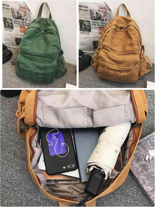 Military Green Canvas Backpack for Women & Men Retro Aesthetic Rucksack Basic Backpack for High School/College Students Travel Laptop Bag