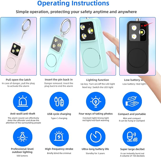B11 Portable Lighting Women's Safety Alarm Device 150dB Buzzer Alarm Strobe Light Rechargeable with Charging Cable and Power Switch Night-time Flashlight Keychain (Black - Lighting Alarm)