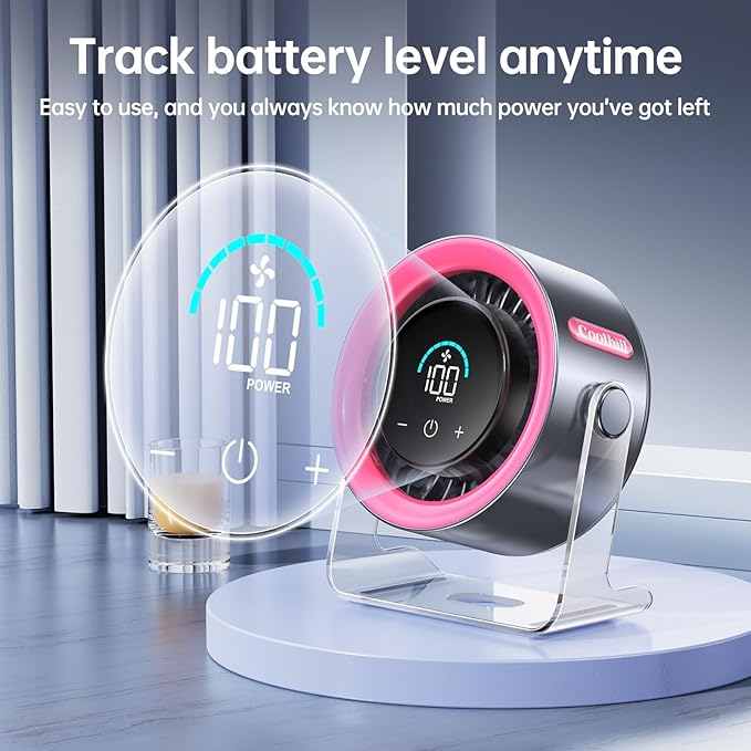 USB Desk Fan for Bedroom: 100 Speeds Digital Display Quiet Portable Fan with Turbo Airflow, 120° Rotating Small Rechargeable Battery Desktop & Wall-Mounted Fans for Bedroom Home Office