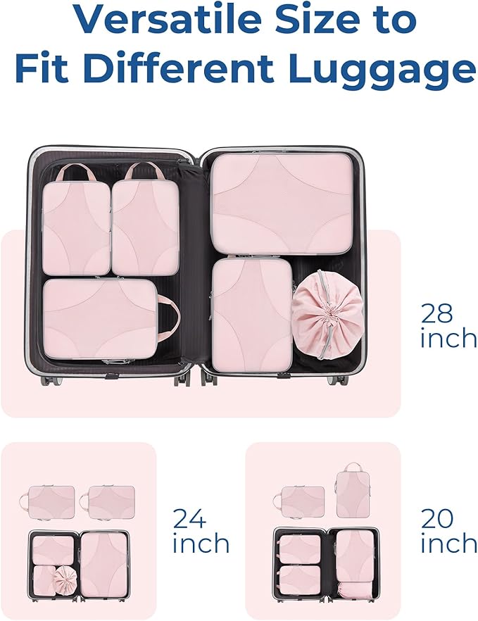 BAGSMART Compression Packing Cubes for Travel, 6 Set/14 Set Compressible Luggage Organizer for Cruise Ship, Lightweight Travel Essentials (1L+2M+2S+Shoe bag+Drawstring bag+Toiletry bag+6Plastic bags)