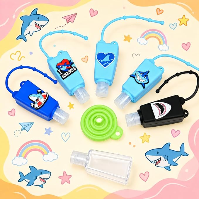 5-Pack Kids Cartoon Hand Sanitizer Holder (No Sanitizer Included), 30ml Refillable Travel Bottles with Silicone Case, Leak-Proof for Lotion & Liquid Soap (Sharky Splash)