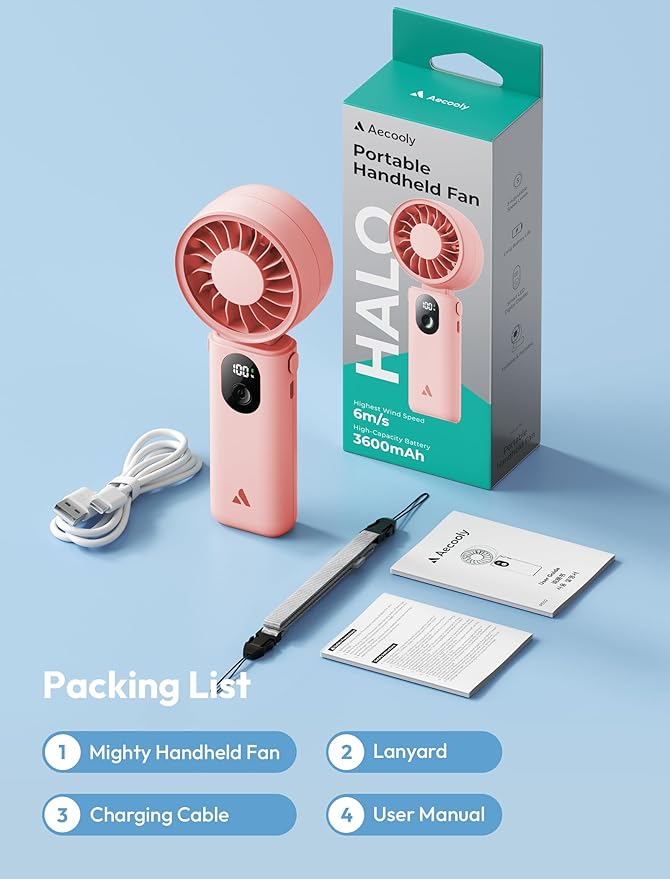 Aecooly Mighty Portable Handheld Fan | 20H Max Cooling Time | 3 Flexible Modes | 5 Speeds Wind | Battery Level Display | USB Rechargeable Mini Personal Battery Powered, Gifts for Women, Travel -Pink