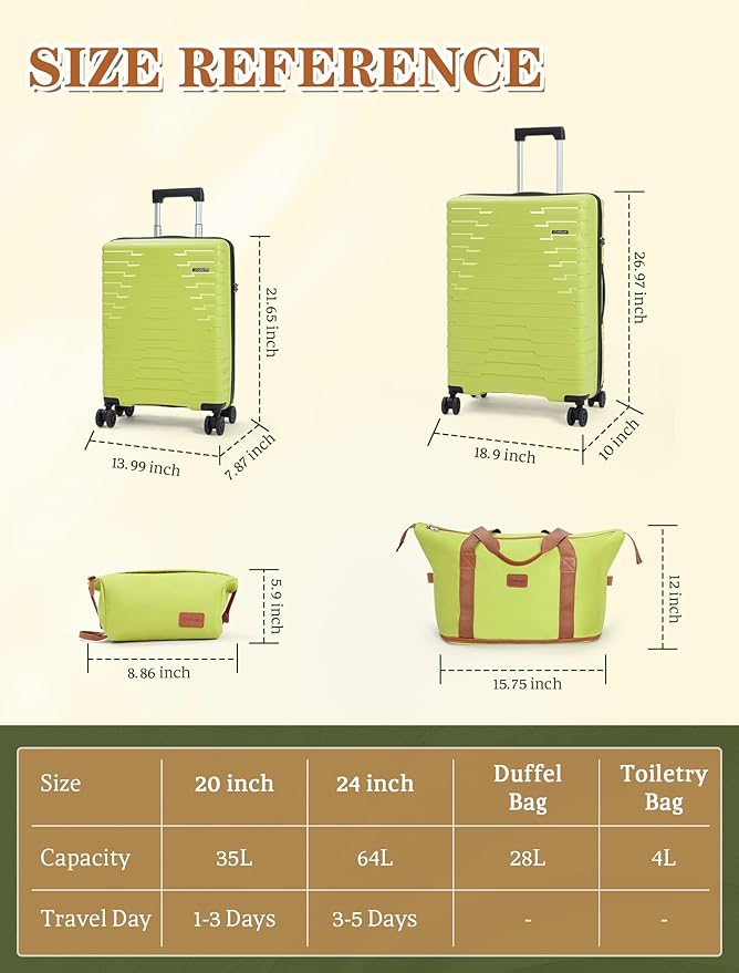 Cosbarn 4-piece luggage sets, suitcases with wheels, PP hard-shell luggage, upgraded shock-absorbing universal wheels and built-in lock, carry-on luggage set.