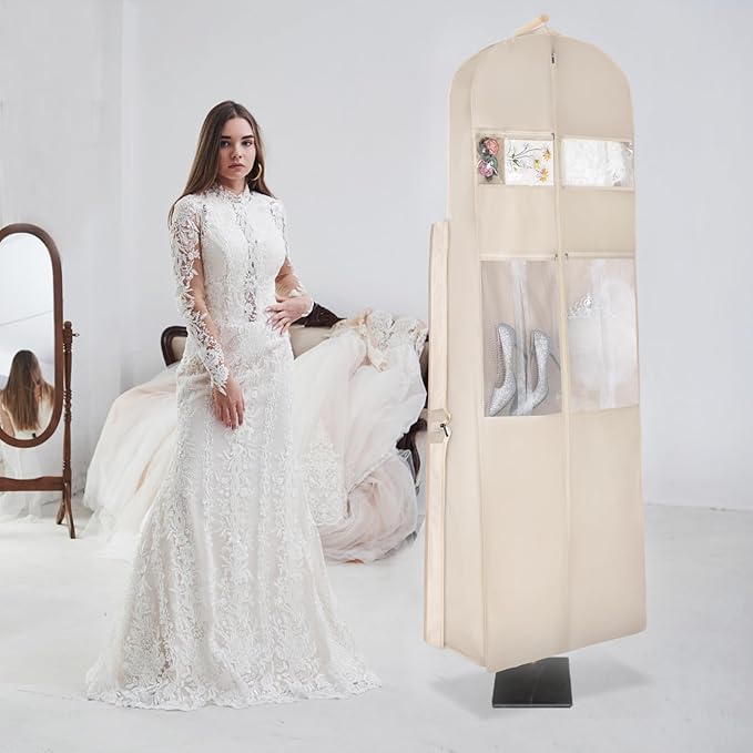 KEEGH Wedding Dress Garment Bag, 72” Tri-fold Bridal Dress Bags for Gowns, With Accessory Pockets and Adjustable Buckle Dress Cover for Wedding/Prom/Travel/Closet Storage (Beige)