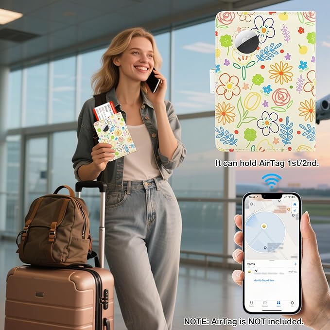 Passport Holder with Airtag Slot, RFID Blocking Leather Cover Wallet for Travel Essentials, Cute Passport Book with Magnetic Buckle, Travel Accessories for Women