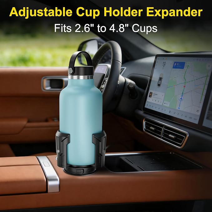 Cup Holder Expander (Adjustable Holder & Base, Auto-Fit Hold, One Button Open), Car Cup Holder Expander for Yeti, Hydro Flask, Nalgene, Owala, Bottles in 2.6"- 4.8" (Black, 2 Pack)