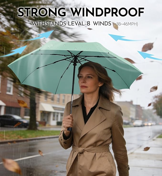 Windproof Travel Umbrella for Rain - 43" Compact Folding Umbrella, Reinforced Strong Frame, Lightweight Portable Parasol with UPF 100+ UV Sun Protection, Cruise Ship Essentials