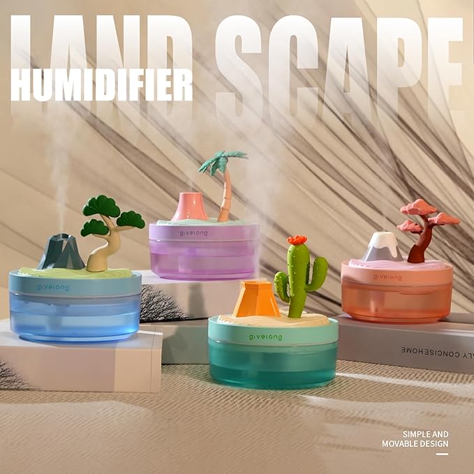 Mini Desk Humidifier with Cactus Landscape Decoration, Colorful Light, 320ml Capacity, Cool Mist, USB Powered. Perfect for Bedroom, Office & Car
