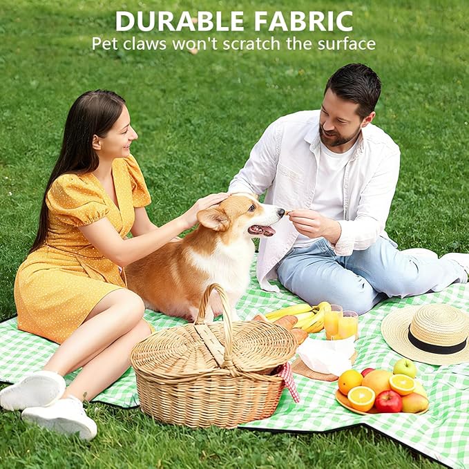 OBTANIM Extra Large Picnic Blanket 60 x 80 Inch Waterproof Foldable Beach Blankets Outdoor Picnic Mat for Camping Grass Lawn Park Music Festival Party Accessories (Green and White)