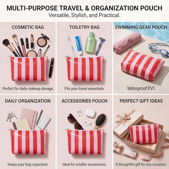 Large PVC Waterproof Striped Makeup Bag,Clear Coated Cosmetic Bags,Easy to Clean,Travel Organizer Zipper Pouch Beach Vacation Essentials for Women Girls(08Orange Pink)