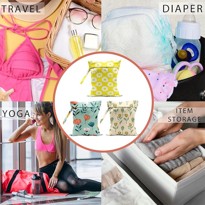 Floral Print Wet Dry Bag, Reusable Washable Waterproof Wet Bag for Swimsuit Diaper Dirty Clothes, Set of 3, Portable Storage Pouch for Travel Beach Pool Yoga Gym Camping, Colorful Daisy Tulip Pattern