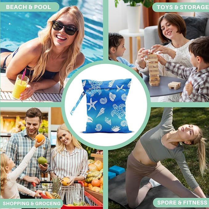 2-Pack Reusable Waterproof Wet Bags, Sea Turtle & Ocean Pattern Wet Dry Bag, Leak Proof Storage Pouch for Swimsuit Baby Clothes Travel Diaper Bag