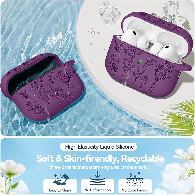 Ekoonpft for Airpods Pro 3 Case, Flower Engraved Cases for Apple AirPods Pro 3rd Generation 2025, Soft Silicone Cover for Men Women Girly with Cleaning Kit & Keychain, Anti-Scratch, Shockproof
