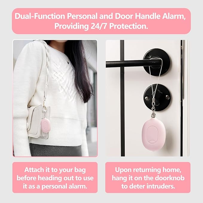 3-in-1 Personal Alarm & Door Handle Alarm & LED Light and Jeweled Pepper Spray Combo, Maximum Strength Pepper Gel, 130dB Siren, Keychain with Safety Twist for Women