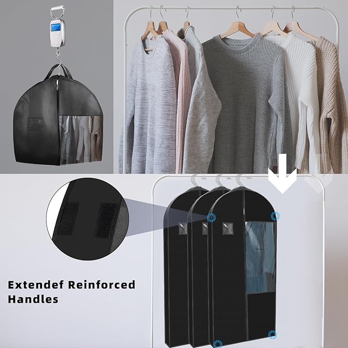 43"Garment Bags for Hanging Clothes and Travel with 4" Gusseted, Suit Cover for Clothes,Coats,Suit,Jackets,Dress,Shirts,Skirt. (Black-43"-1pcs-Double zipper-Thickened 80G Non-woven Fabric)