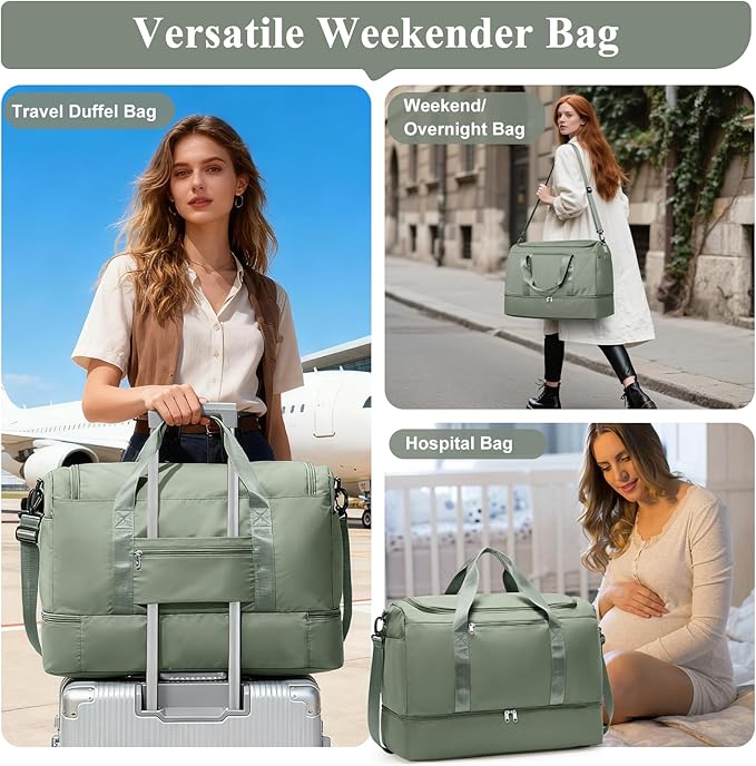 Large Travel Duffle Bag with Shoe Compartment, Weekender Bags for Women, Carry On Overnight Bags for Gym Sports & Business Trips, Water-Resistant Hospital Bag for Labor and Delivery,Green