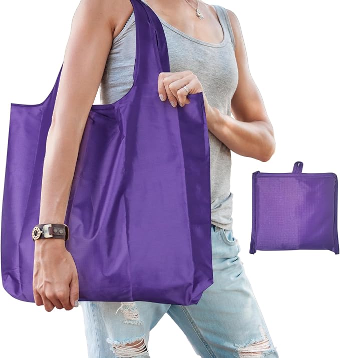 Large 50lbs Heavy Duty Reusable Foldable Grocery and Shopping Tote Bags - Washable Polyester Bags in Pocket
