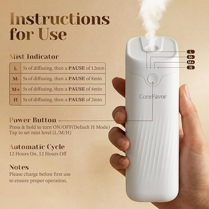 Waterless Essential Oil Diffuser (M60) with 3x120ml Oil, Portable Battery-Operated Cold Air Aroma Scent Machine, 4 Adjustable Intensity Levels, Quiet Diffuser for Bedroom Office Bathroom Car