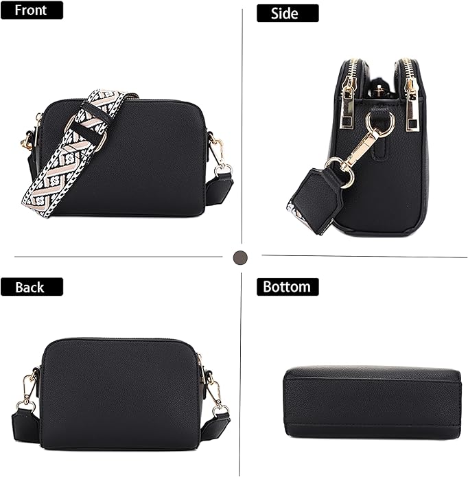 EVVE Crossbody Bags for Women Trendy Triple Zip Small Crossbody Camera Bag Purse with Wide Guitar Strap