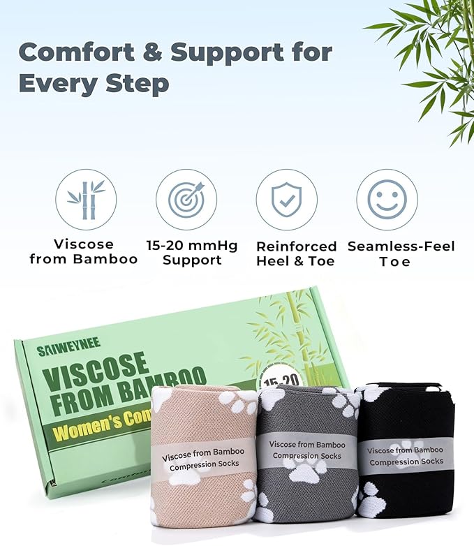 Compression Socks for Women 15-20 mmHg, Viscose from Bamboo, 3-Pair Knee High for Flying, Work & All-Day Comfort