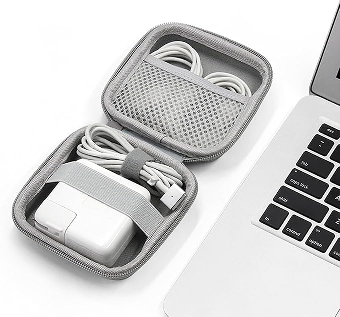Charger Case for Macbook, Portable Tech Electronic Organizer Bag, Small Travel Storage Pouch for Laptop Accessories, MacBook Power Adapter, Charging Cords, USB Drives, Power Bank (Grey PU, M)