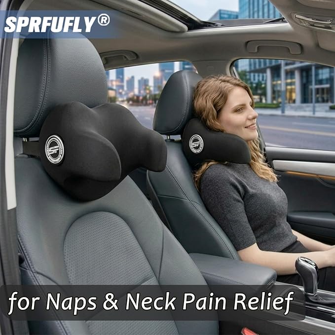 SPRFUFLY U-Shaped Car Headrest Pillow for Sleeping, 100% Memory Foam Car Pillow with Breathable Removable Cover, Ergonomic Design - Ideal Car Companion for Naps & Neck Pain Relief (Black, 1PC)