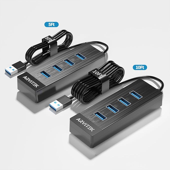 10Ft 4-Port USB 3.0 Hub Long Cable for PC, USB Extender Hub 5Gbps, USB Multiport Adapter, USB Splitter w/Long Cable for Desktop, Laptop, Flash Drive, Mobile HDD, USB Fan (10 Foot / 3m)