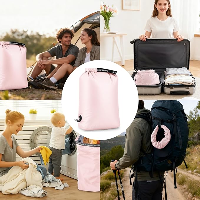 Travel Compression Laundry Bag, Pump-Free Vacuum Space Saver Bag for Dirty Clothes, Reusable Waterproof Wet Dry Bag, Travel Laundry Bag for Luggage, Packing, Suitcase (1 Pcs)(Pink, L)