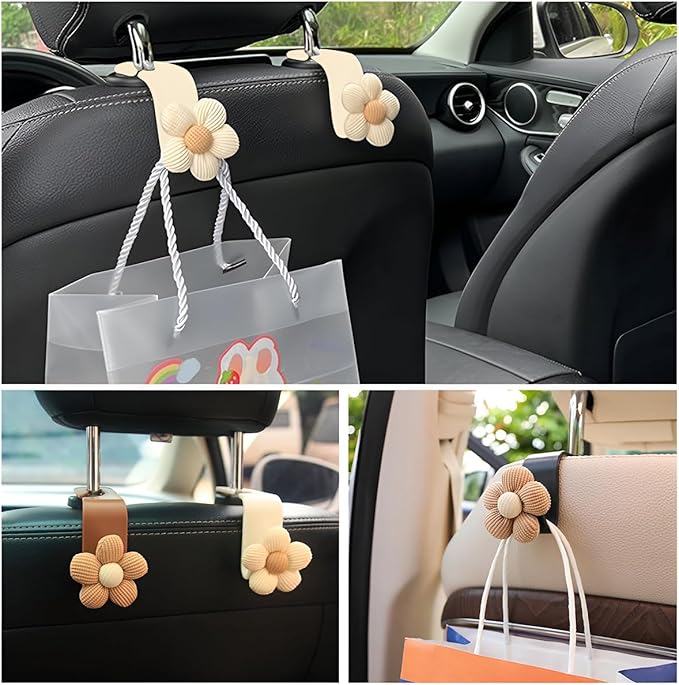 4 PCS Car Seat Headrest Hooks, Cute Flower Car Seat Back Organizer Bag Holder Hooks, Automotive Seat Hook Hanger Storage Organizer for Purse Cloth Grocery Bags, Car Accessories (White)