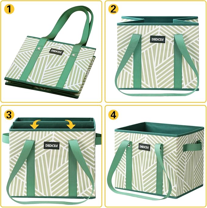Reusable Grocery Bags 3 Pack - Heavy Duty Reusable Shopping Bags with Hard Bottom & Long Handles, Foldable Utility Tote Bag with Box Shape to Stand Up, 13x10.23x11in, Twill Green