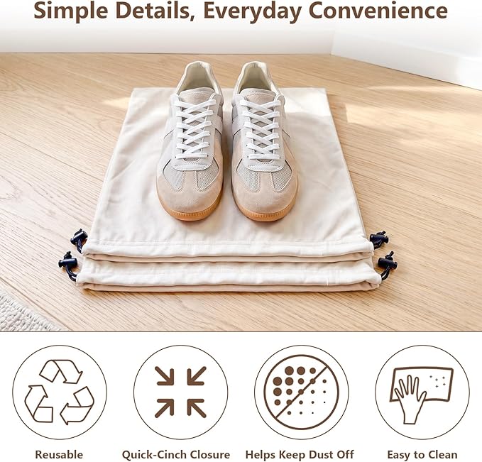 MERKFO Shoe Bags for Travel, 6 Pack Flannel Travel Shoe Bags for Luggage, Large Drawstring Shoe Dust Bags for Packing Shoes, Closet Storage, Fits Up to Men's Size 13, Beige