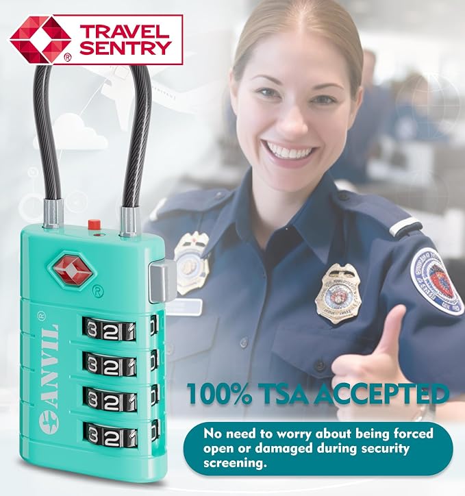 ANVIL TSA Approved Luggage Locks with Search Alert Indicator, 4-Digit Combination Suitcase Lock, Advanced TSA008 Core Heavy Duty Anti-Theft Travel Lock for Double Zippers, Backpacks