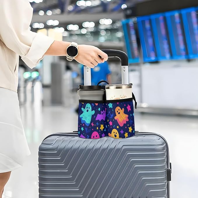 Luggage Cup Holder for Suitcases Free Hands Suitcase Cup Holder Travel Luggage Drink Holder Portable Luggage Cup Caddy Bag Carrier with Handle Neon Halloween Ghosts Stars Bats