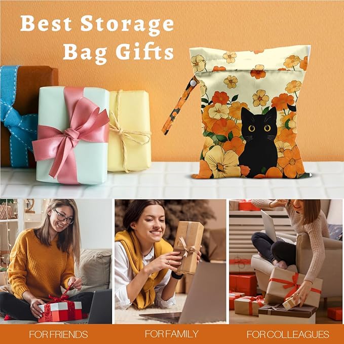 Black Cat Floral Wet Dry Bags Reusable Waterproof Wet Bags Swimsuit Bag Diaper Pouch for Travel Towels Beach Gym Cat Gifts for Women Friend Travelers 10 x 13 Inches