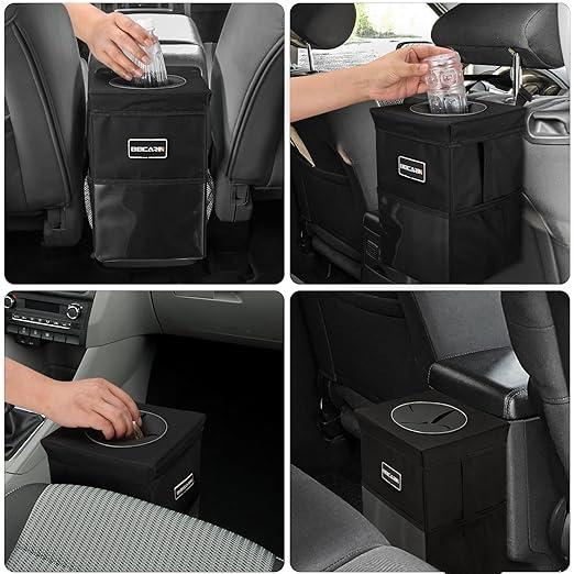 Car Trash Can with Lid - Trash Bag Hanging with Storage Pockets Leak-Proof SUV Organizer Collapsible and Portable Waterproof Truck Garbage Bin, 2.6 Gal Large Capacity Multipurpose Trash Bin for Van