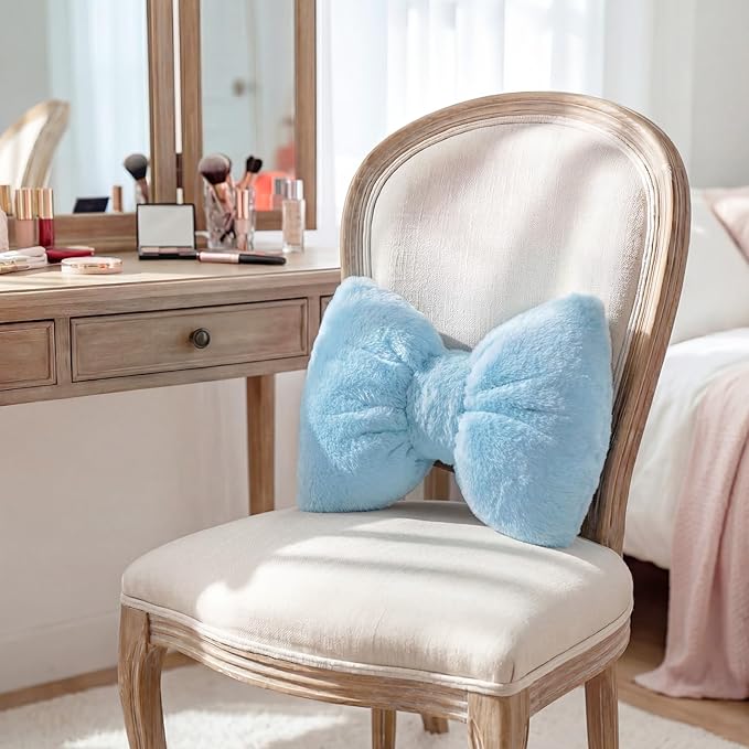 Macarrie 2 Pcs Car Neck Pillow Velvet Bow Headrest Pillow Soft Comfortable Seat Neck Support Cute Bow Car Accessories for Driving Travel Driver Chair Girl Style Interior Decor(Solid,Blue)