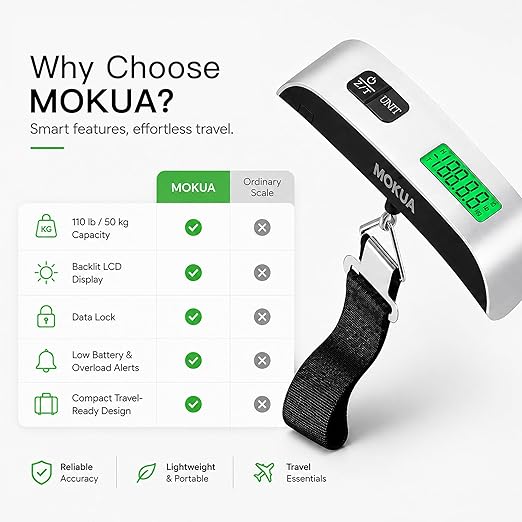 MOKUA Portable Digital Luggage Scale, 110lbs Hanging Baggage Scale with Backlit LCD Display, Portable Suitcase Weighing Scale, Travel Luggage Weight Scale with Hook