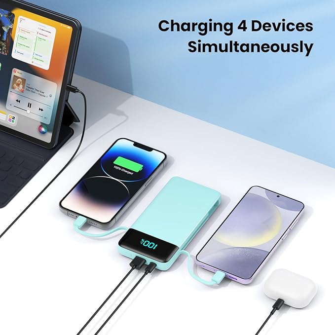 Portable Charger for iPhone with Built-in Cables and Wall Plug,Upgraded 13800mAh Fast Charging USB C Power Bank,4 Outputs Slim Travel Essentials Battery Pack for iPhone 17/16/14,Galaxy,Android-Green