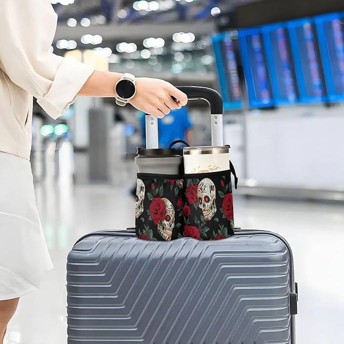 Luggage Cup Holder for Suitcases Free Hands Suitcase Cup Holder Travel Luggage Drink Holder Portable Luggage Cup Caddy Bag Carrier with Handle Mexico Skull Rose Flowers Red