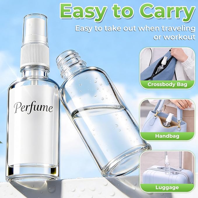 JTIEO 6 Pack 2oz(50ml) Small Glass Spray Bottle, Mini Travel Size, Clear Fine Mist Refillable Bottle for Essential Oils, Perfume, Face, with Funnel, Pipette, 6 Spray Heads and 12 Waterproof Labels.