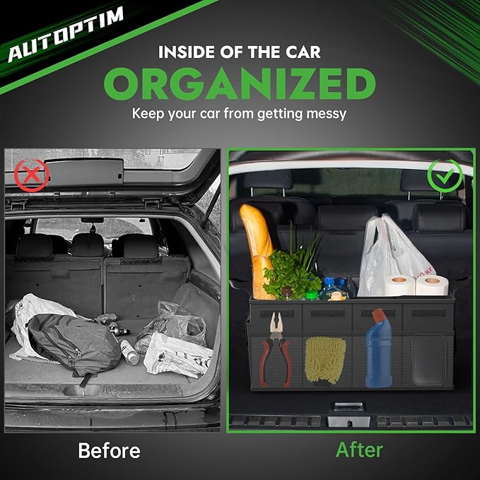 AUTOPTIM Car Trunk Organizer - Collapsible Car Organizer with Non Slip Bottom & Multiple Pockets for Groceries, Trunk Storage with Base Panel for SUV Sedan Van, 2 Compartments (Black, Small, 2 Pack)