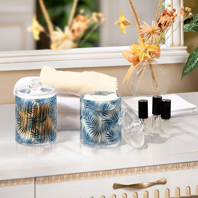 2 Pack Qtip Holder Organizer Dispenser Blue Tropical Leaves Bathroom Storage Canister Cotton Ball Holder Container for Cotton Pads/Swabs/Floss